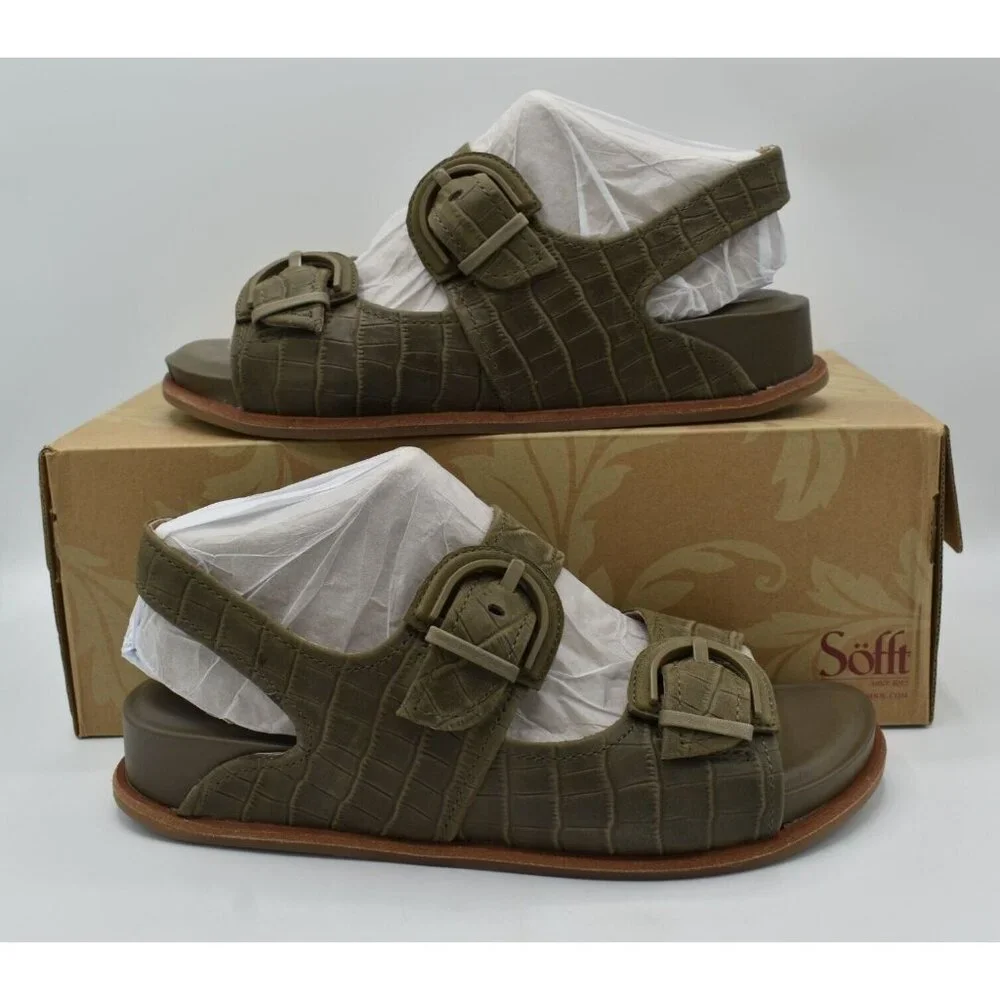 Sofft Womens Size 9.5 Adalia‎ Olive Buckle Croc Embossed Suede Leather Sandals